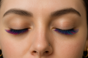 Femme avec extension de cils colorés – zoom sur visage clair